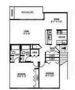 Floor plan for 2 beds, 1 bath, 939 sqft